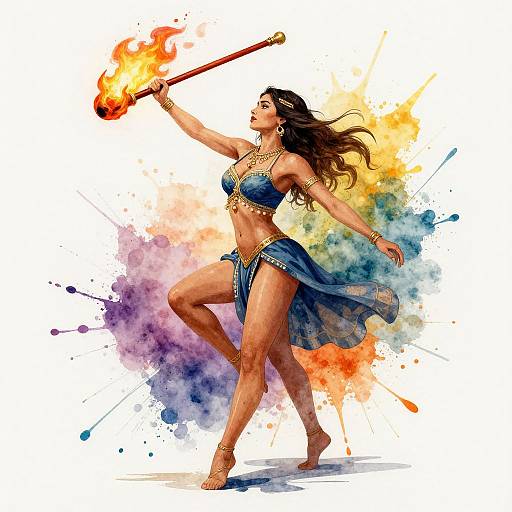 Watercolor Woman Dancing with Fire Staff