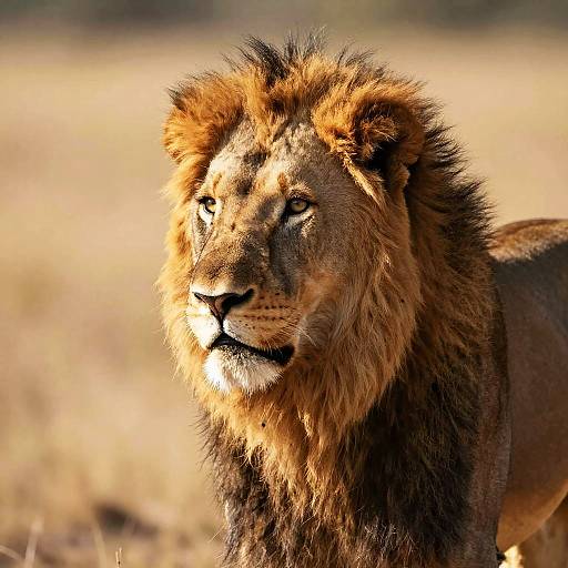 Photograph of a majestic male lion with a full, dark brown mane, standing in a sunlit, golden grassy savanna, gazing intensely