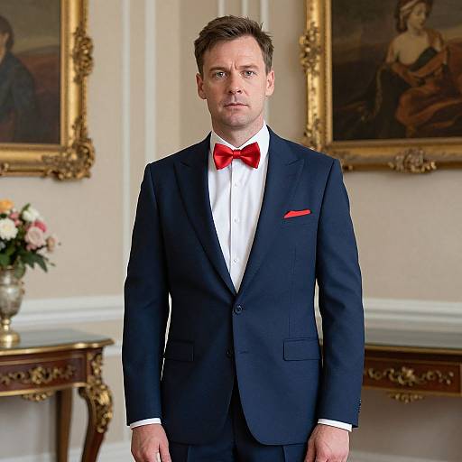 Photograph of a handsome, short-haired man in a navy suit with red bow tie and pocket square, standing in an elegant, art-decorated