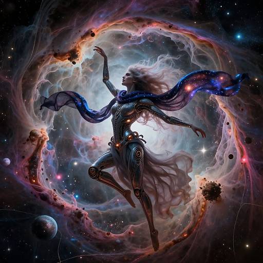 Digital artwork of a futuristic, armored figure with flowing blue scarf, floating in a vibrant, swirling cosmic nebula, surrounded by stars and celestial debris.
