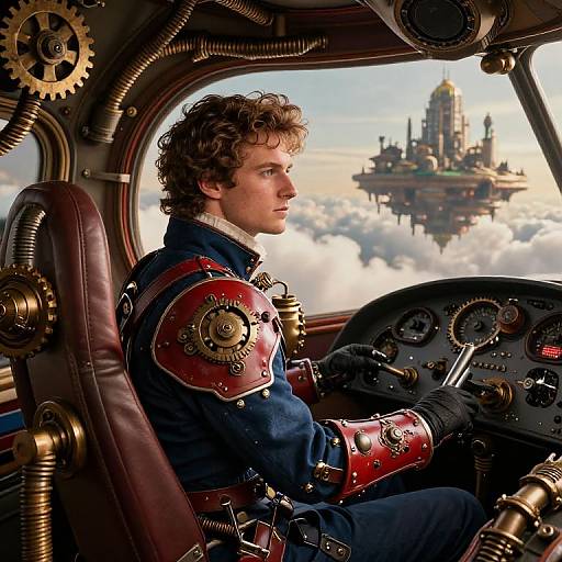 Steampunk pilot with curly brown hair, wearing red and gold armored gloves and blue shirt, flies futuristic airship towards floating castle.