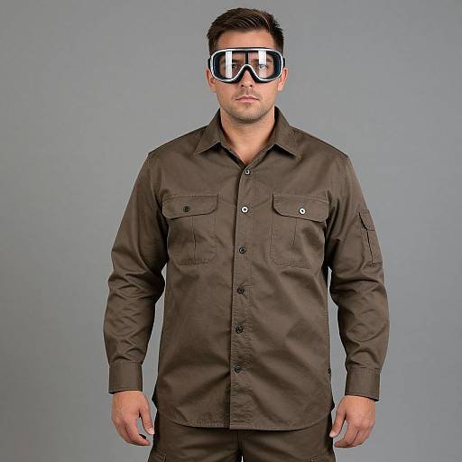 Photograph of a muscular man with short brown hair, wearing reflective black sunglasses, a dark brown button-up shirt, and matching pants, standing against a