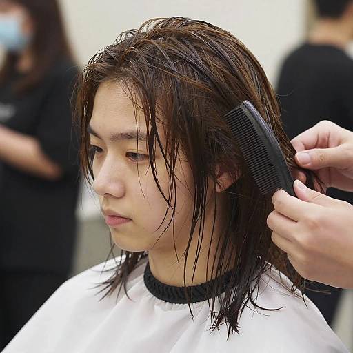 Young Person with Wet Hair Being Combed
