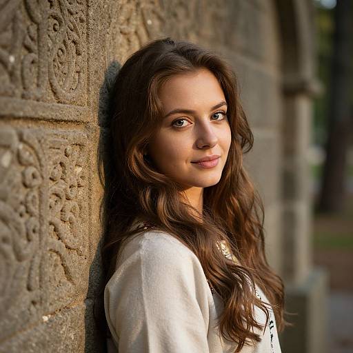 Photograph of a young woman with long, wavy brown hair, light skin, and brown eyes, leaning against an ornately carved stone wall in