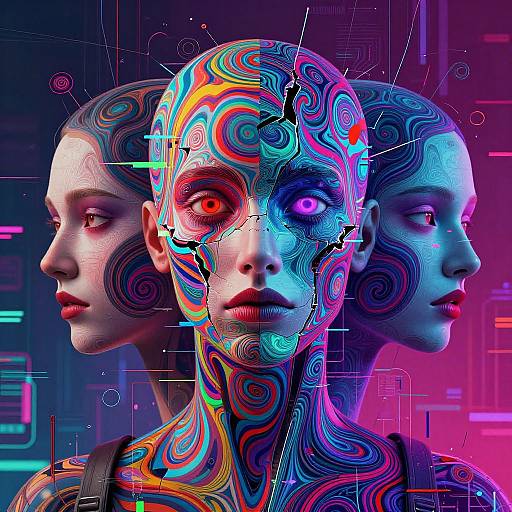 Digital artwork of three women with neon, swirling, fractal patterns on their faces, one with cracked, multicolored eyes, against a cyberpunk