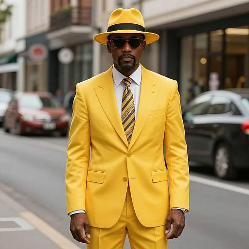 Photograph of a confident Black man in a bright yellow suit, striped tie, yellow hat, and sunglasses, standing on a city street. Urban background
