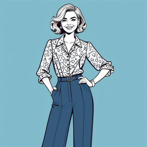 Stylish Woman in Patterned Shirt and Blue Pants
