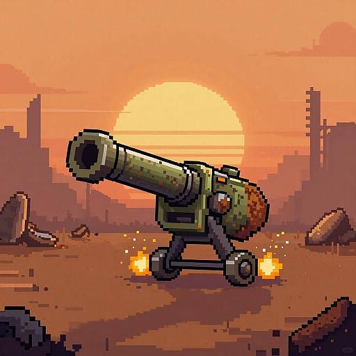 Pixel art of a green cannon with orange explosions, set against a sunset desert landscape with ruined buildings in the background.