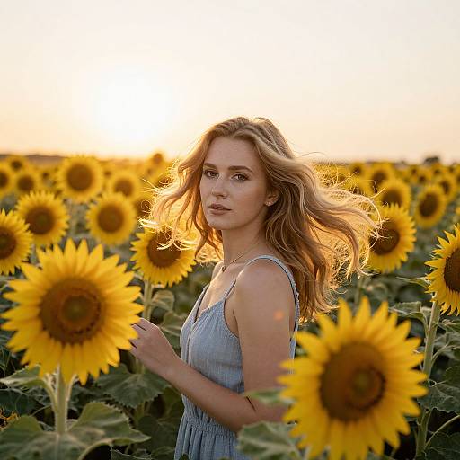 Photograph of a blonde woman with wavy hair in a blue denim dress, standing in a sunlit sunflower field at sunset.