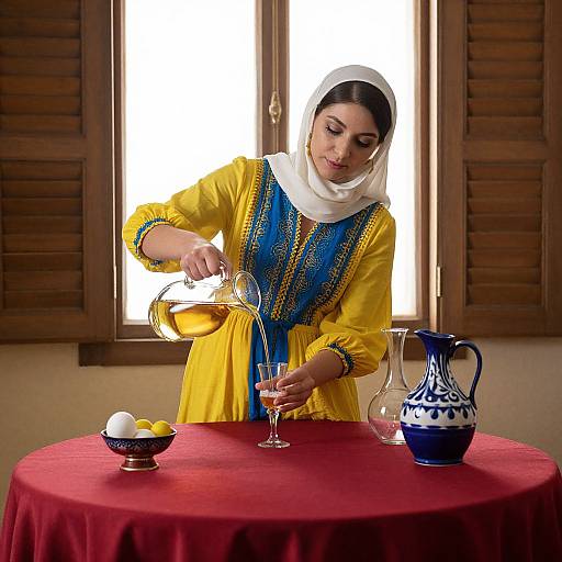 Woman Pouring Golden Liquid Indoors