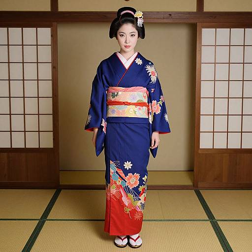 Japanese woman in traditional navy blue kimono with red and orange floral sash and intricate embroidery, standing in front of shoji screens.