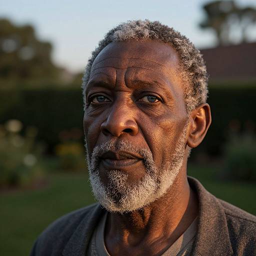 Photograph of an elderly African American man with gray curly hair and beard, wearing a brown jacket, set against a blurred garden background at sunset.