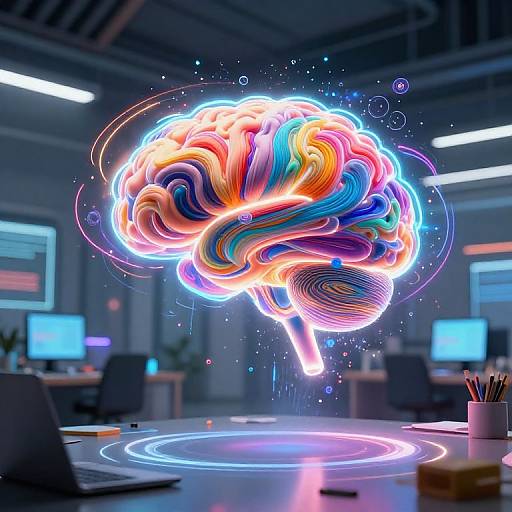 Neon-lit, swirling brain hologram hovering above modern office desks, surrounded by glowing lines and circles, creating a futuristic, digital atmosphere.