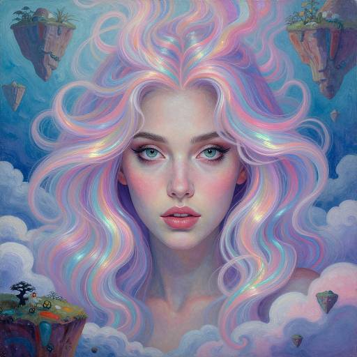 Digital painting of a fair-skinned, blue-eyed woman with glowing, wavy pink and purple hair, surrounded by clouds and floating islands. Fantasy,