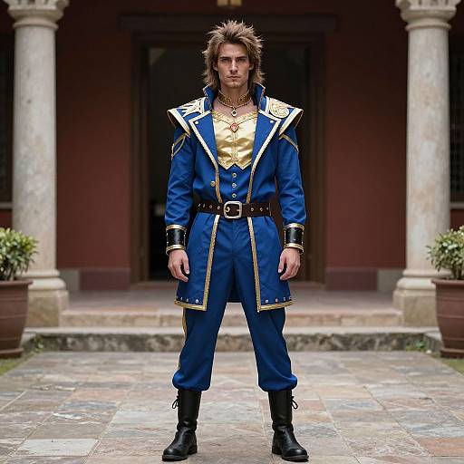 Photograph of a tall, handsome man with brown hair, wearing a blue and gold Renaissance-style coat, black boots, and gold necklace, standing in