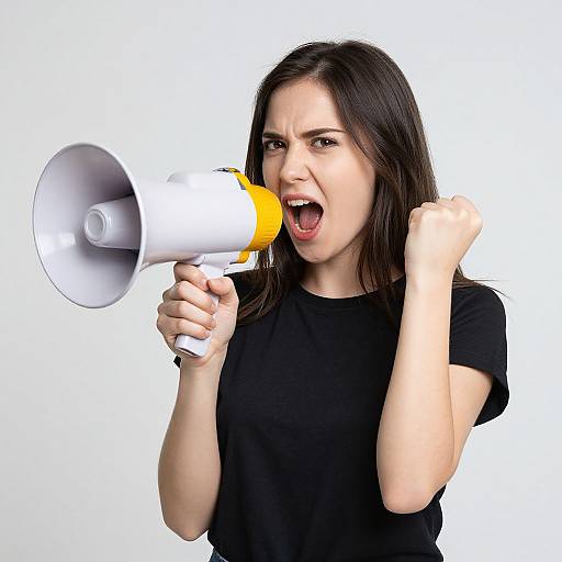 Photograph of a young woman with fair skin and dark brown hair, wearing a black shirt, passionately shouting into a white and yellow megaphone against
