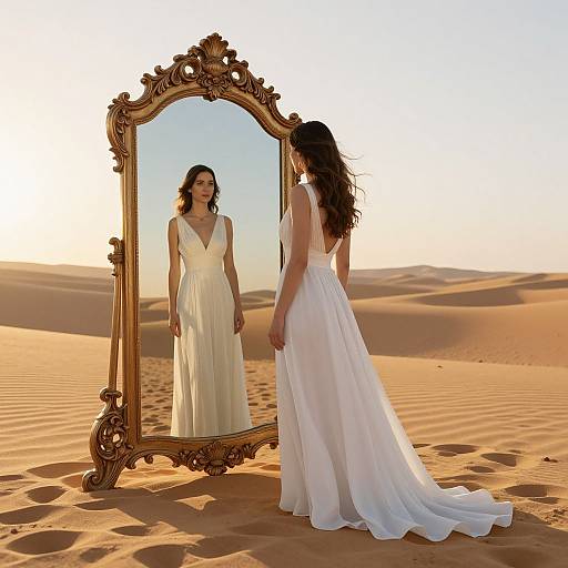 Photograph of a woman in a white, sleeveless, V-neck wedding dress standing in a desert, gazing at an ornate gold mirror reflecting