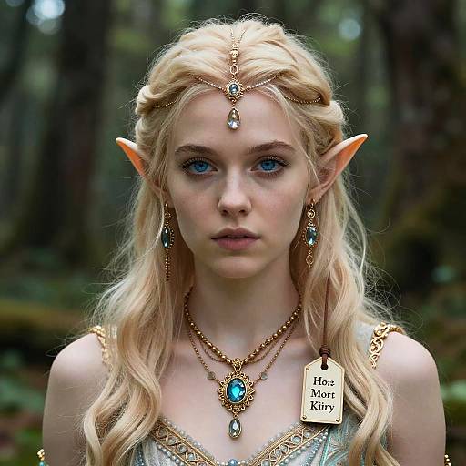 Digital fantasy portrait of a blonde elf woman with blue eyes, pointed ears, adorned with gold jewelry and a tag reading 
