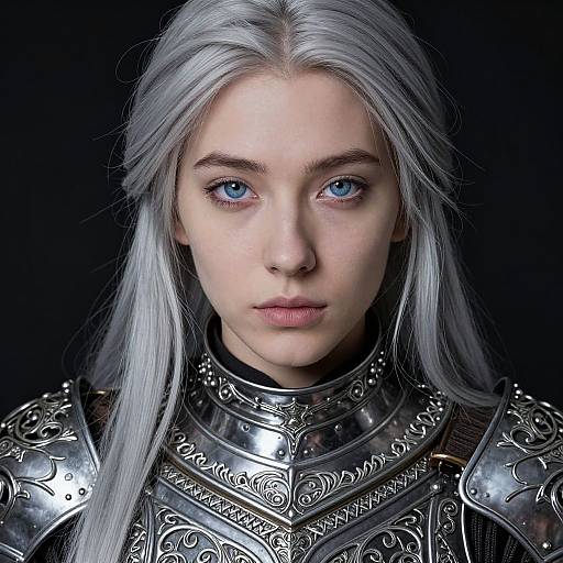 Photorealistic digital portrait of a young woman with silver hair, blue eyes, and detailed silver medieval armor, set against a black background.