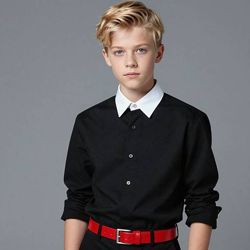 Blonde Boy in Black Shirt Outfit