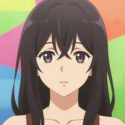 Anime-style digital illustration of a young woman with long black hair, large brown eyes, and a neutral expression, set against a vibrant rainbow background.