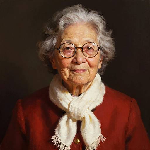 Photograph of an elderly woman with white curly hair, round glasses, red coat, and white scarf, smiling warmly against a dark background.