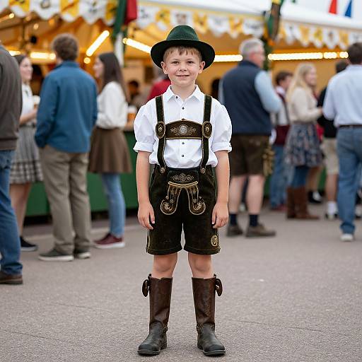 Photograph of a young boy in traditional Bavarian outfit: black hat, white shirt, black shorts with gold accents, brown boots, standing in a