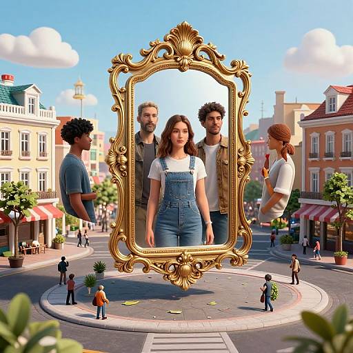 CGI image of a giant golden ornate frame with four people (three men, one woman) inside, standing in a vibrant European town square,