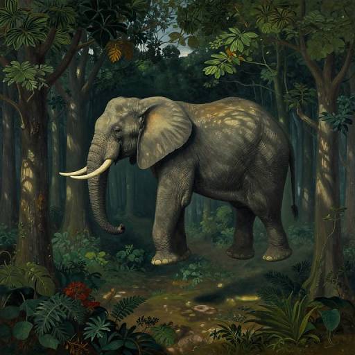 Photorealistic digital painting of a majestic, gray elephant with large white tusks standing in a dense, lush, dark forest.