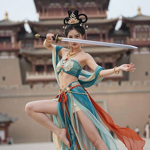 Digital art: Asian woman in blue, gold, and red traditional dance attire, holding a sword, mid-dance, in front of a Chinese palace