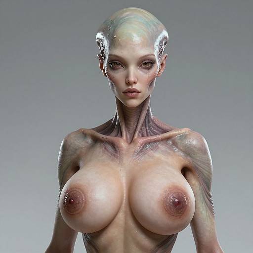 CGI image of a topless, alien-like woman with large, shiny breasts, metallic bald head, and intricate neck veins, set against a gray