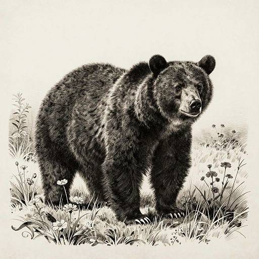 Monochrome Lithograph of Black Bear in Meadow