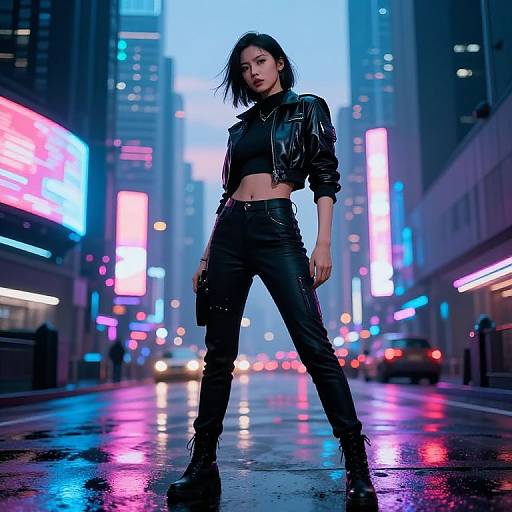 Cyberpunk photograph of a confident Asian woman with black hair, wearing a leather jacket, black pants, and boots, standing in a neon-lit