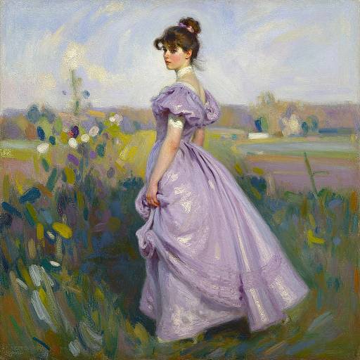 Impressionist painting of a woman in a lavender, Victorian-style dress standing in a sunlit meadow with blurred flowers and trees.