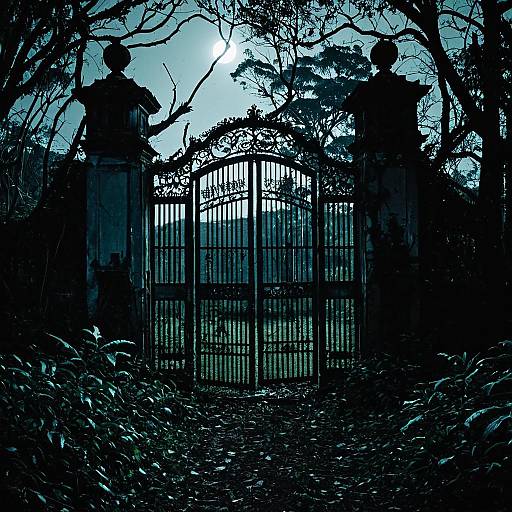 Moonlit Gate of Haunted Plantation