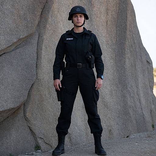 Photograph of a young male police officer in black uniform and helmet, standing against a large, textured rock wall.