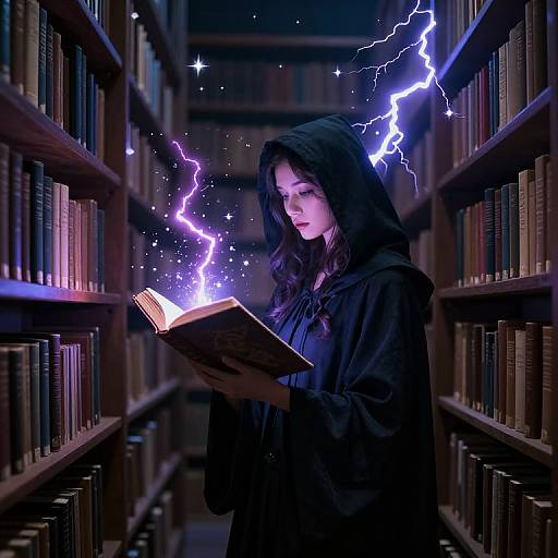 Photograph-like digital art: Mysterious woman with long black hair and hood, wearing dark robe, reads glowing book amidst lightning bolts in library aisle.