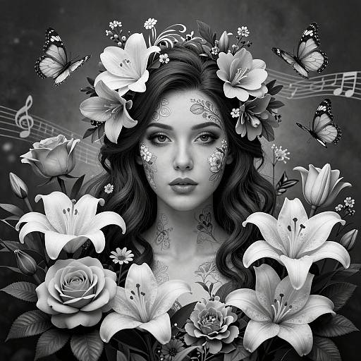 Black-and-white digital artwork of a woman with floral tattoos, surrounded by lilies, roses, and butterflies, with musical notes in background.