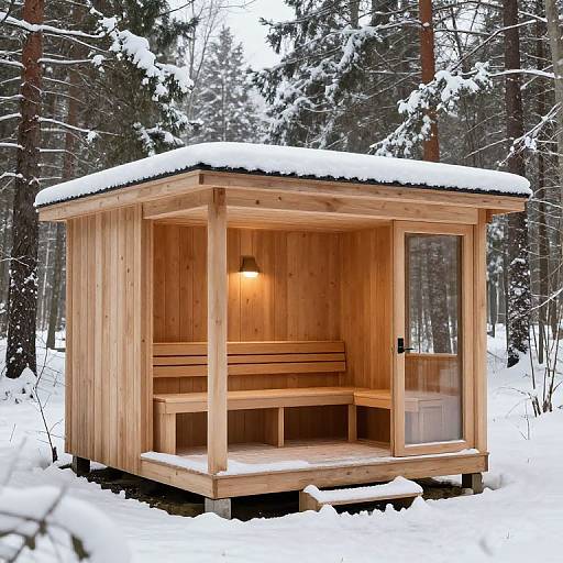 Photograph of a wooden sauna hut with snow-covered roof, bench seating, small light, and glass door, set in a snowy forest.