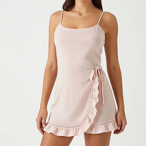 Photograph of a woman in a light pink, sleeveless, spaghetti-strap dress with a tie waist and frilled hem, against a white background