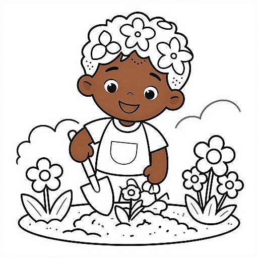 Cartoon-style drawing of a smiling brown-skinned boy with curly white hair, wearing a white shirt and pants, sitting among simple white-lined flowers and