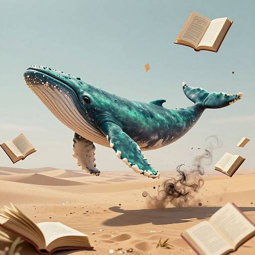 Digital illustration of a massive blue whale with textured skin, soaring above a desert with floating, open books and swirling sand.