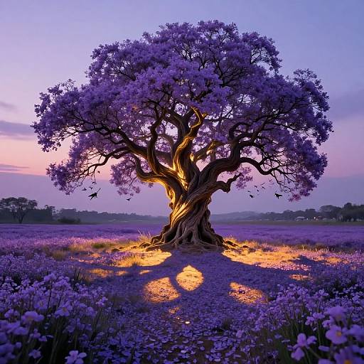 Photograph of a majestic, purple-flowered tree with a twisted trunk, bathed in golden sunlight, casting shadows on a field of purple flowers at