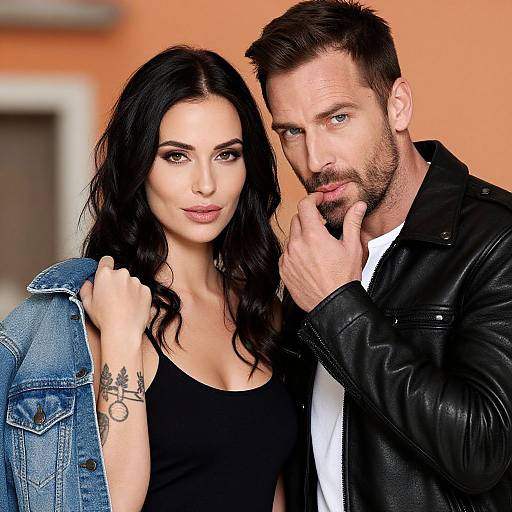 Photograph of a handsome man with short brown hair and beard, in a black leather jacket, standing close to a beautiful woman with long black hair,