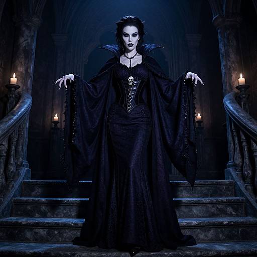 Gothic-style photograph of a pale woman in a black, flowing dress and cape, standing on dark stone stairs with lit candles, under a blue