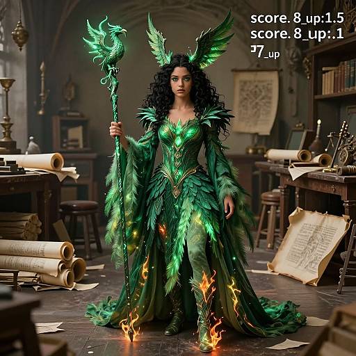 Digital artwork of a green, winged, curly-haired enchantress in a glowing, leafy dress holding a staff, standing in a medieval library with