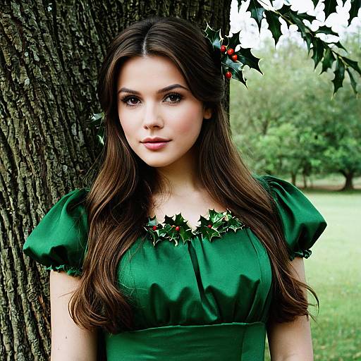 Woman in Green Dress with Holly Leaves Outdoors