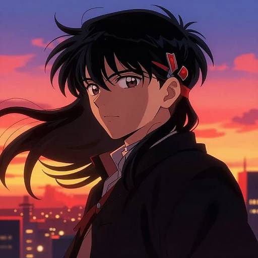 Anime-style digital drawing of a serious young woman with black hair and red hairpin, wearing a dark jacket, against a vibrant sunset city skyline.