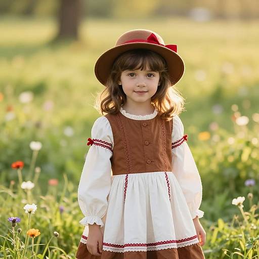 Photograph of a young girl with brown hair in a red hat, wearing a white blouse and brown dress with red trim, standing in a sunny,