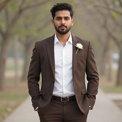Photograph of a handsome bearded man with dark hair in a brown suit, white shirt, and single white flower, standing confidently on a tree-lined